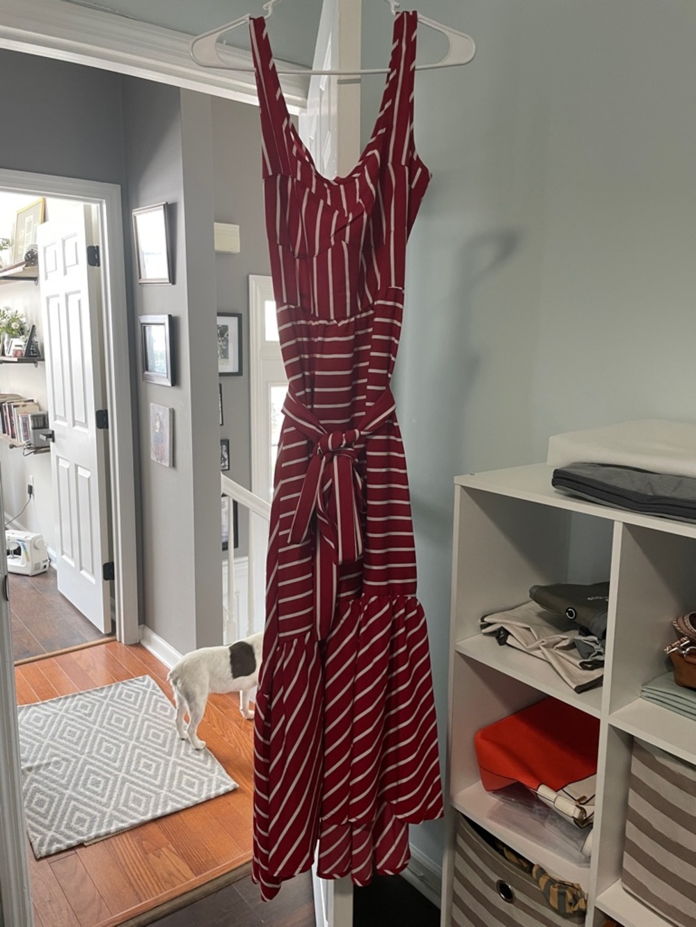 Sleeveless Red Striped Tie-Waist Midi Dress